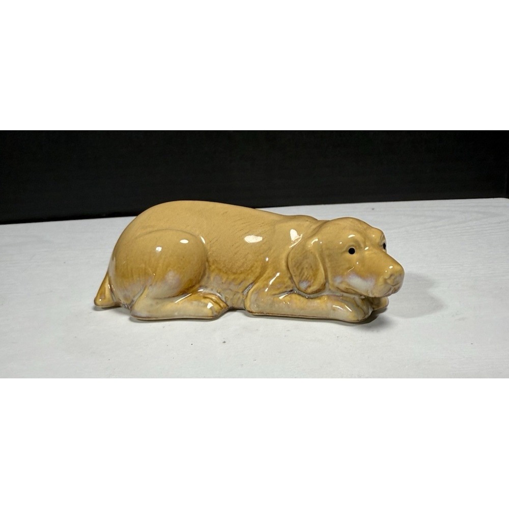 Vintage Ceramic Golden Labrador Retriever Dog Figurine Lying Down Glazed Pottery